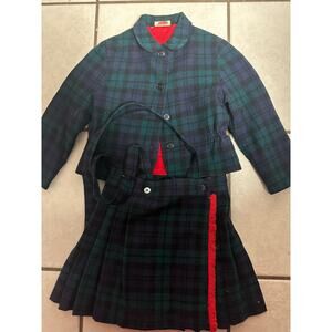 VNT Kids 60s 70s 2 Piece Tartan Plaid Wool Suit skirt Jacket Size 3-4 Costume